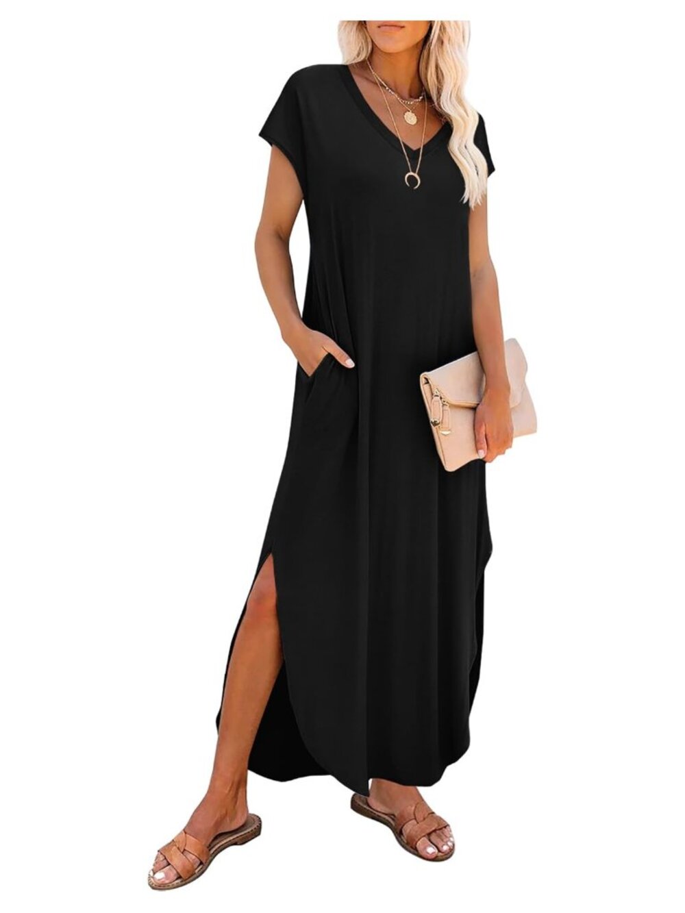 RUMIA Women's V-Neck Cap Sleeve Maxi Dress with Pockets Loose Fit